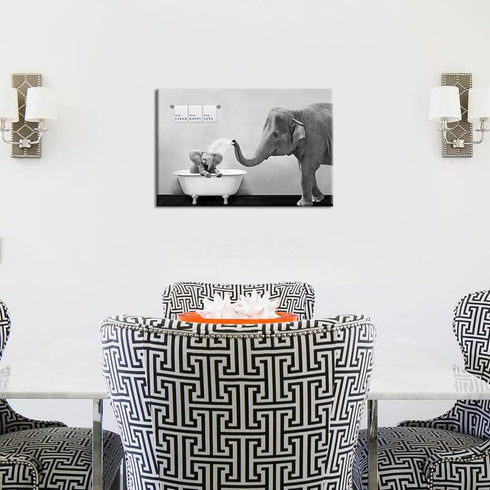 Piy Painting Elephant Bathroom Decor Wall Art, Funny Canvas Prints of Mother and Child Playing Water in Bath Crock