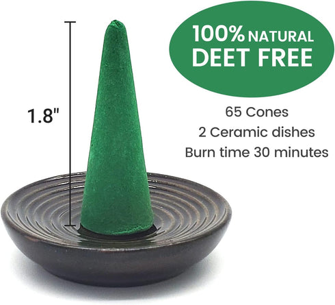 Citronella Incense Cones (65 Cones) with 2 Ceramic Dishes | Made with Plant-Based Ingredients for Indoor & Outdoor