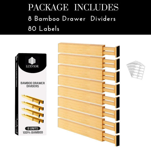 Expandable Bamboo Drawer Dividers 8 Pack with Labels, Drawer Organizer for Kitchen, Clothes, Office, Bathroom