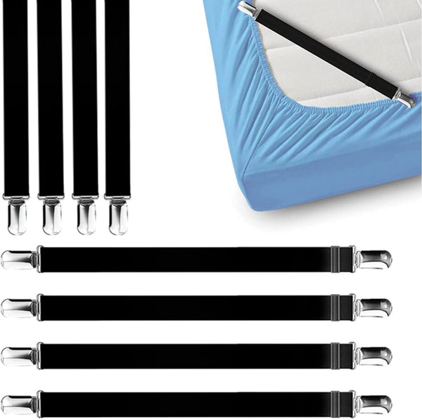 FeelAtHome Bed Sheet Clips - 8 pcs, Black, Keep Bedsheets in Place, Corner Bands Suspenders for Fitted Sheets, Mattress
