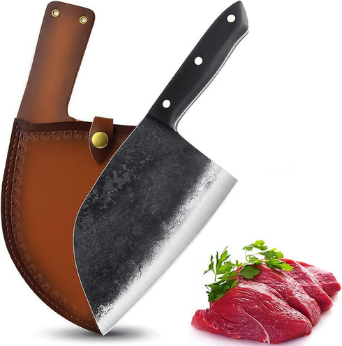Dream Reach Forging Serbian Chef Knife - Full Tang High Carbon Clad Steel Almasi Butcher Cleaver with Leather Sheath