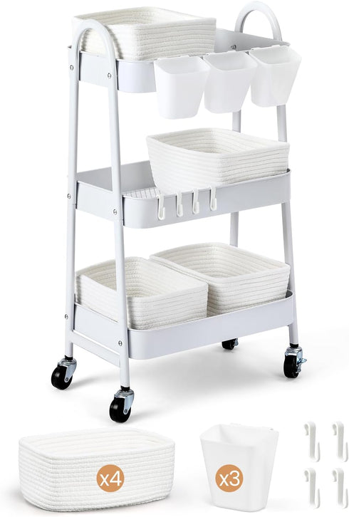 3-Tier Rolling Utility Cart with 4 Woven Baskets, Diaper Book Snack Cart,