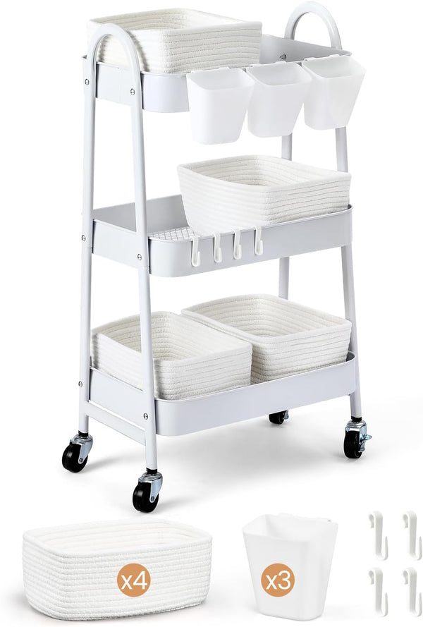 3-Tier Rolling Utility Cart with 4 Woven Baskets, Diaper Book Snack Cart,