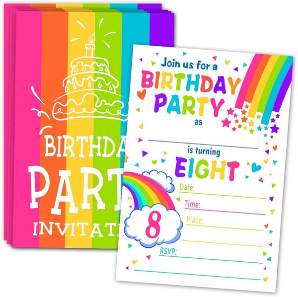 ukebobo Rainbow Happy Birthday Party Invitations for Child’s 8th Birthday – 20 Colorful Cards with Envelopes