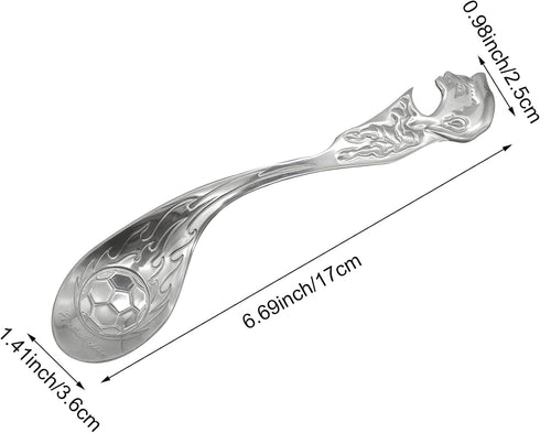 2Pcs Cereal Spoon 18/10 Stainless Steel Soup Spoon with Soccer Shape Embossed, 6.69inch Service Spoon and Bottle Opener