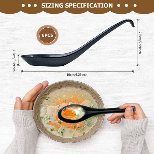 DOERDO 6PCS Soup Spoons Japanese Style Spoons Chinese Asian Soup Spoons With Long Handle for Kitchen Mixing, Baking, Cooking, Black