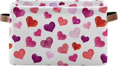 senya Valentines Storage Basket, Large Foldable Storage Basket with Handles, Pink Love Hearts Fabric Organizer Bag for