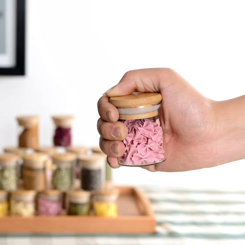 20 2.5oz Pcs Glass Spice Jars with Airtight Bamboo Lids, Labels and Pen, Mini Clear Food Storage Containers for the