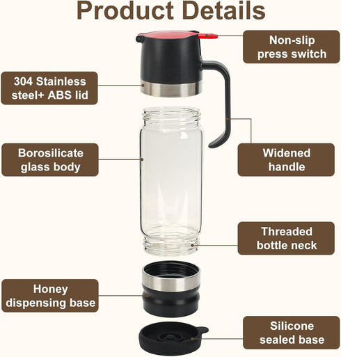 YIK TUNG 12 Oz Glass Honey Dispenser Pot with Silicone Base No Drip Honey Container Jar, Maple Syrup Dispenser