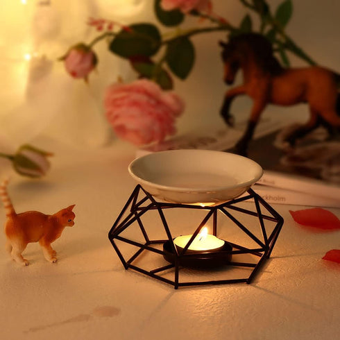 SXCHEN Essential Oil Burner - Ceramic Tealight Wax Candle Burner, Black Metal Aroma Diffuser (Set of 1)