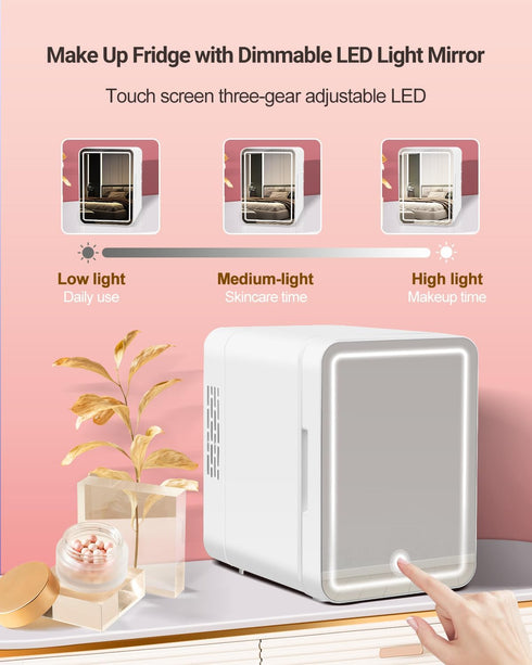 Mini Fridge Skincare with Dimmable LED Light Mirror, 4L/6Can Cooler & Warmer Mini Fridge for Skincare and Makeup,