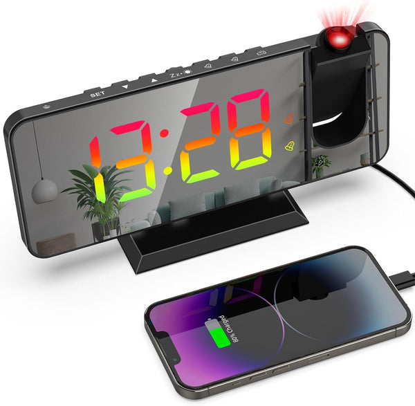 Projection Alarm Clock for Bedroom Ceiling, 180° Rotatable Projector, 7.4” Mirror RGB Digital LED Display, Dual Alarm