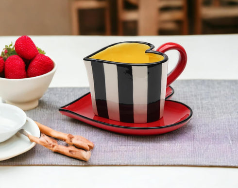 62369 Fine Ceramic Black and White Striped Heart Shape Cup and Saucer, 5-1/4"
