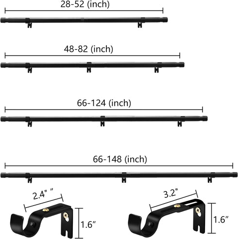 Drapery Window Curtain Rods, 1 Inch Adjustable Heavy Duty Curtain Rod with Brackets, 66 to 120 Inch, Black