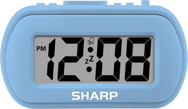 Sharp Digital Alarm Clock, Tactile Case with Soft Rubberized Finish, Battery Operated, Blue Backlight on Demand,