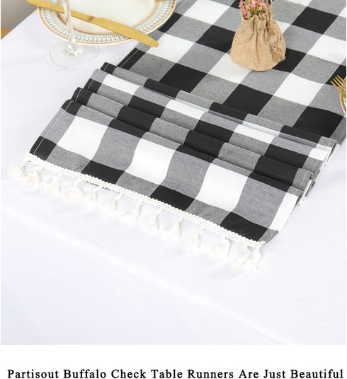 Partisout Buffalo Check Table Runner with Tassel, Washable Cotton Linen Gingham Table Cover, Checked Design