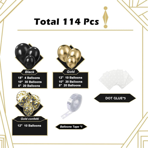 Black and Gold Balloon Garland Kit, 114Pcs Latex Party Balloons for Birthday, New Years, Wedding Decorations