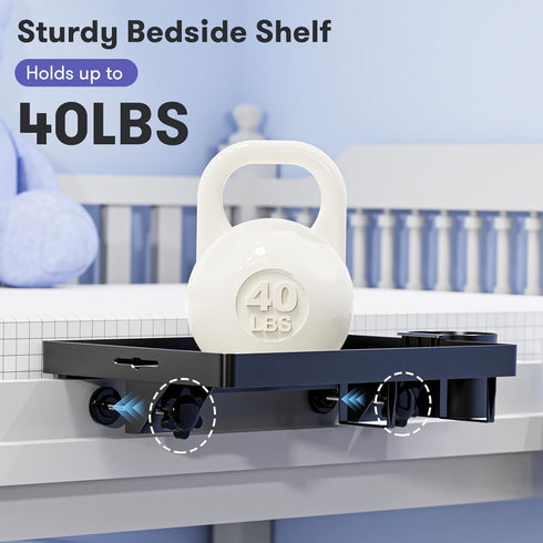 Bedside Shelf, Bunk Bed Table Shelf for Top Bunk, Black Clip On Nightstand with Removable Cup Holder&Power Strip