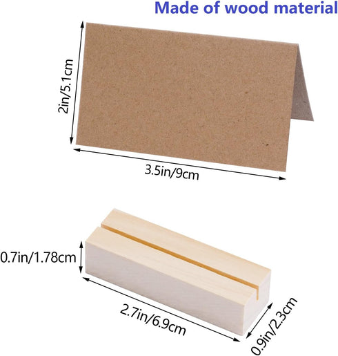 20 Pieces Rustic Wooden Place Card Holders with Brown Paper Cards for Wedding Reception Party Decoration, 2.75inch