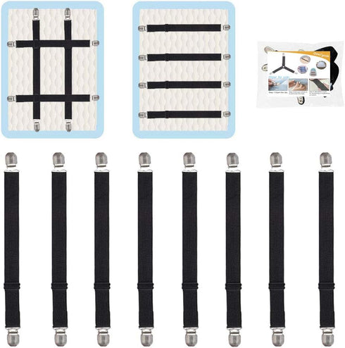Adjustable Bed Sheet Straps Clips, 8Pcs Black Elastic Fasteners for Mattress, Sofa, Table Cloth