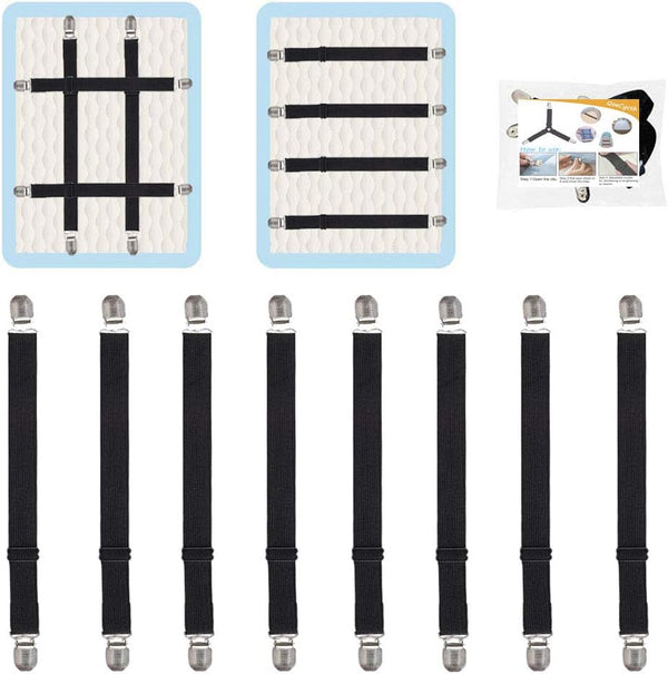 Adjustable Bed Sheet Straps Clips, 8Pcs Black Elastic Fasteners for Mattress, Sofa, Table Cloth