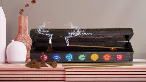 Chakra Incense Holder Burner Box, Storage for Sticks and Cones, Ash Catcher