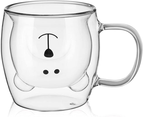 Patelai Cute Bear Tea Cup, Double Wall Glass Milk Coffee Mug with Handle, Insulated Birthday Gift for Women Men (White)
