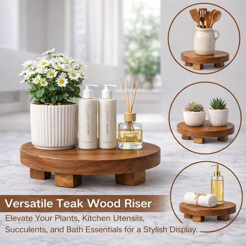 Counter Teak Handmade Display Riser for Bathroom Decor, Round Pedestal Stand for Shelf, Home Centerpiece Decor