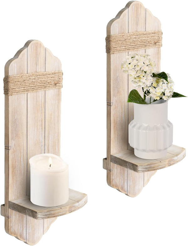 Wall Candle Sconces Set of Two, Rustic Washable White Wood Wall Candle