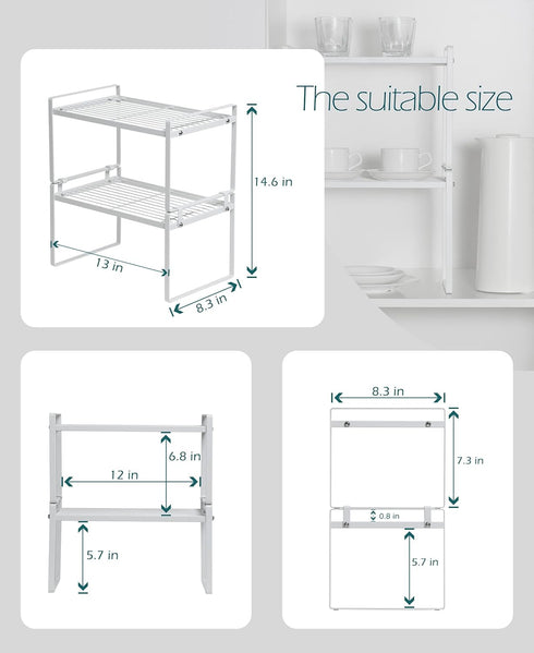 Kitchen Cabinet Shelf Organizer Rack, 2 Pack, Pantry Storage, Bathroom Bedroom Office Table Desk Space Saving, Steel