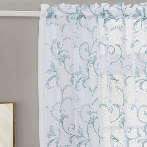 Embroidery Blue Sheer Curtains, 84 Inches Long, Rod Pocket Drapes for Living Room, 2 Panels, 52"x84"