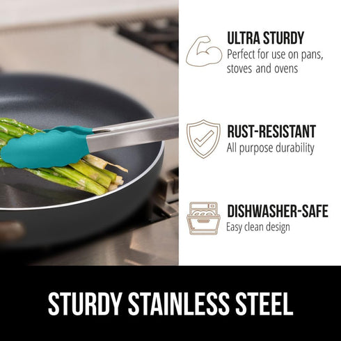 GORILLA GRIP Stainless Steel Kitchen Tongs - Heat Resistant Cooking Tongs Set of 2, 9 + 12 Inch, Turquoise