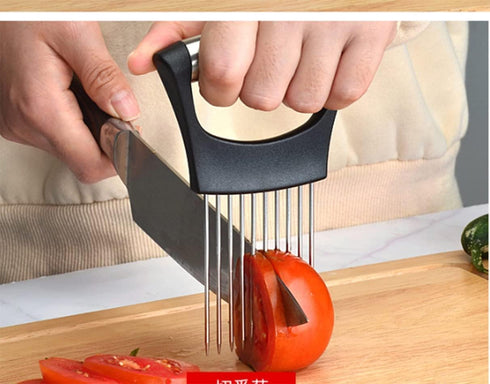 BeeSpring Meat Slicer, Food Slice Assistant Onion Holder Slicer, Stainless Steel Kitchen Gadget for Cutting and Peeling