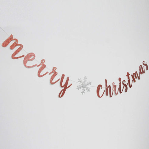 Rose Gold Glitter Merry Christmas Banner - Great for Holiday Home Mantle Fireplace Party Decorations