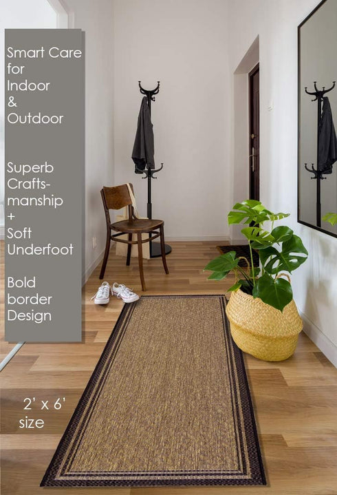 Gertmenian Indoor Outdoor Classic Flatweave Area Rug, Stain & UV Resistant, 2x6 Ft Runner, Black Tan