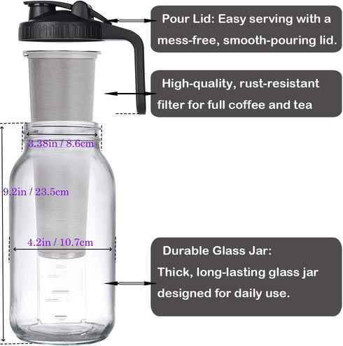 HomeCheer 2 Set 64 oz (2 (2) Quart), Black Cold Brew Coffee Maker, Iced Tea Machines, Thick Glass with Pour Spout