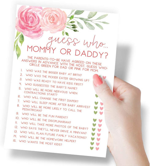 Baby Shower Game Printed Party, Guess Who Mommy or Daddy, Floral, 50 Cards
