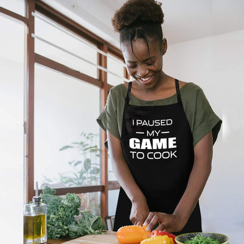 I Paused My Game to Cook - Funny Adjustable Bib Cooking Apron for Men, Women with 3 Pockets