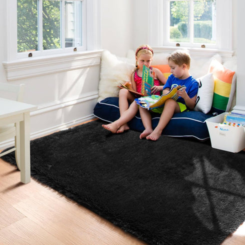 Black Machine Washable 3x5 Rug for Bedroom, Fluffy Non Slip Plush Small Shaggy Floor Carpet