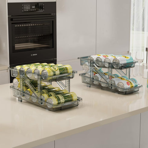 Set of 2 Adjustable Soda Can Organizer for Refrigerator, Cabinets, Countertops, Beverage Can Dispenser for Fridge, for Standard Cans, Skinny Cans, And Tall Cans (Blue)
