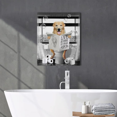 Golden Retriever Canvas Wall Art, Black and White Funny Dog Sitting in Toilet Painting for Bathroom