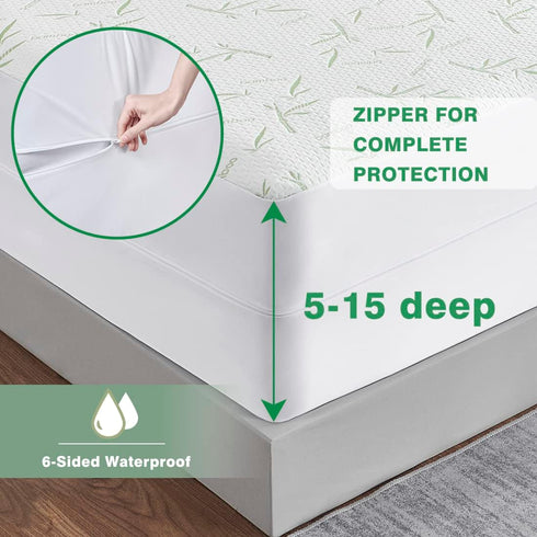 Parkdeny Queen Waterproof Cooling Mattress Cover, Rayon from Bamboo Encasement, Breathable, Fits 5"-15" Deep Mattresses