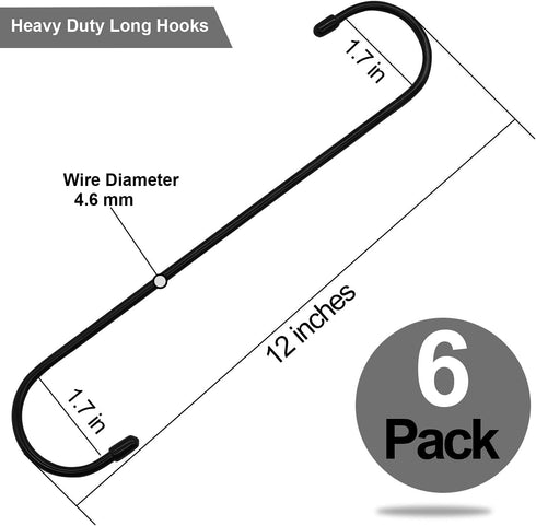 6 Pack Extra Large 12 Inch Black Heavy Duty S Hooks for Hanging Plants, Kitchenware, Utensils, Garden, Indoor Outdoor
