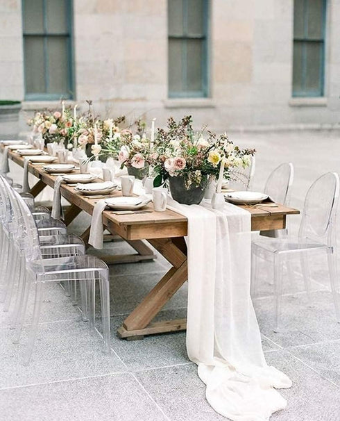 10Ft 1 Piece White Chiffon Table Runner - 27x120 Inches Sheer Chiffon Fabric for Bridal Party Decorations