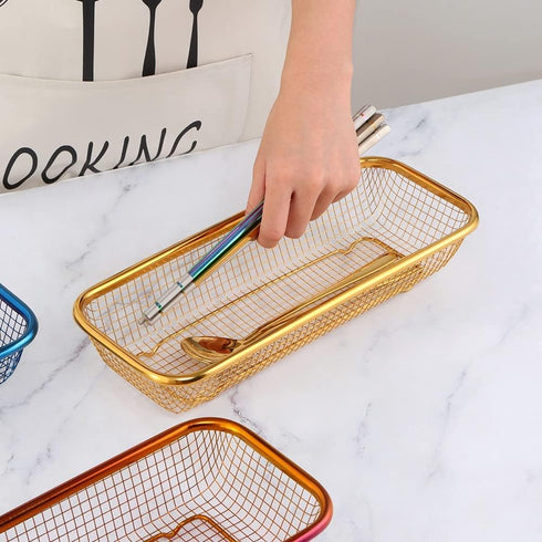 Kitchen Drawer Organizer, BuyGo Stainless Steel Storage Container, Gold Metal Cabinet Storage Basket, Pack of 2
