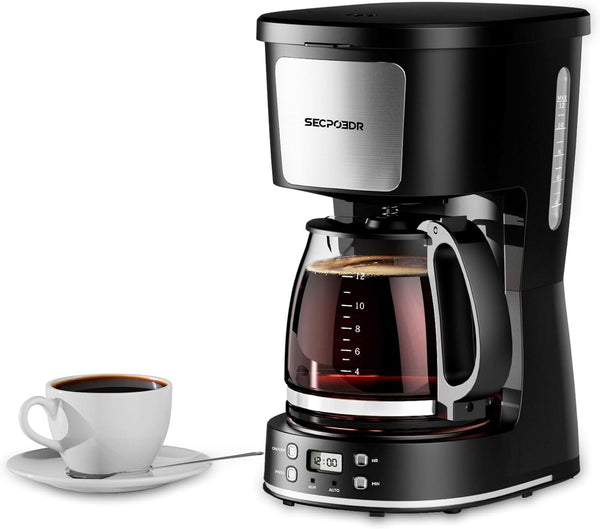 12-Cup Drip Coffee Maker with Reusable Filter,Programmable Clock,Auto Brew,Water Window,Keep Hot Plate,Glass