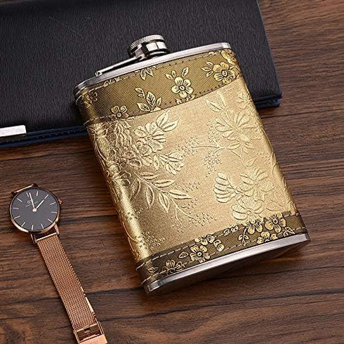 Golden Pattern 8 Oz Gift, 100% Stainless Steel Flask (304/18-8 SS), Bonus 2 Shot Glass + 1 Funnel + 1 Giftbox
