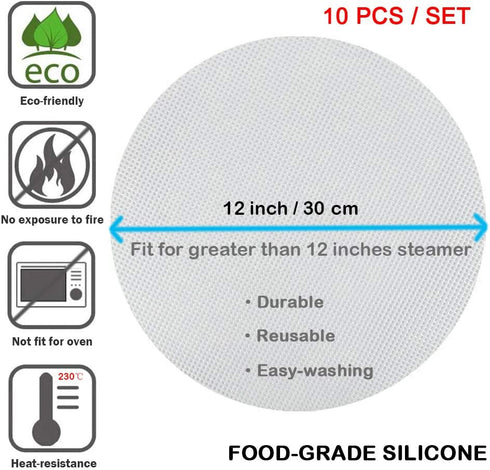 LadayPoa 10Pcs 12 inch Reusable Round Silicone Steamer Liners, Non-stick Mesh Mat for Home Kitchen or Restaurant