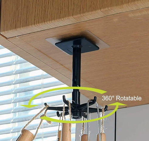 Kitchen Utensil Hanger with 6 Hooks, Under Cabinet Holder for Kitchen and Bathroom, 360° Rotatable Organizer Hook, 2