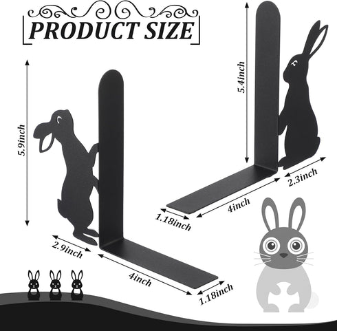 Set 2 Geelin Bunny Metal Bookends of Styles Easter Cute Rabbit Book Ends for Bookshelf Decor Organizer for Home Office
